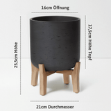 Blumentopf Charlie Schwarz mit niedrigen Füßen Größe M – Maße: Ø 21 cm, Öffnung Ø 16 cm, Höhe 25,5 cm