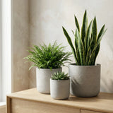 Charlie Grey Washed 3er Set by Pottery Pots featuring three stylish grey planters in varying sizes. || || Abgebildete Größen: XS, S & M