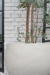 Grey washed Jumbo Orb planter by Pottery Pots, showcasing its round shape and textured finish in natural light.
