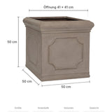 Eckiger Pflanzkübel Block Classic Taupe mit Bordüre Größe L – Maße: 50 × 50 cm, Höhe 50 cm, Öffnung 41 × 41 cm