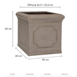 Eckiger Pflanzkübel Block Classic Taupe mit Bordüre Größe M – Maße: 40 × 40 cm, Höhe 40 cm, Öffnung 32,5 × 32,5 cm