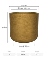 Übertopf Charlie Gold Größe S – Maße: Ø 15 cm, Öffnung Ø 13,2 cm, Boden Ø 10,5 cm, Höhe 14,5 cm