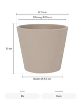 Blumentopf Inez Beige Größe XS – Maße: Ø 11 cm, Öffnung Ø 10 cm, Boden Ø 8,5 cm, Höhe 10 cm