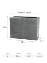Rechteckiger Pflanzkübel Jort Grau Größe L – Maße: 95 × 38 cm, Höhe 72 cm, Öffnung 85 × 28 cm