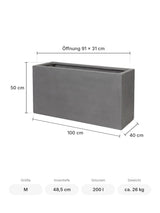 Rechteckiger Pflanzkübel Jort Grau Größe M – Maße: 100 × 40 cm, Höhe 50 cm, Öffnung 91 × 31 cm