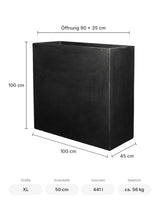 Rechteckiger Pflanzkübel Jort Schwarz Größe XL – Maße: 100 × 45 cm, Höhe 100 cm, Öffnung 90 × 35 cm