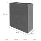 Rechteckiger Pflanzkübel Jort Grau als Sichtschutz Größe M – Maße: 91 × 36 cm, Höhe 102 cm, Öffnung 83 × 28 cm