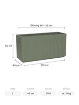 Rechteckiger Pflanzkübel Jort Salbeigrün Größe L – Maße: 100 × 40 cm, Höhe 50 cm, Öffnung 96 × 36 cm