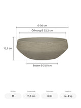 Vase Madu Grau Größe M – Maße: Ø 36 cm, Öffnung Ø 32,2 cm, Boden Ø 21,5 cm, Höhe 12,5 cm
