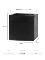 Übertopf Mini Block Schwarz Größe S – Maße: 15 × 15 cm, Höhe 15 cm, Öffnung 13,5 × 13,5 cm