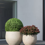 Grey washed Jumbo Orb planter by Pottery Pots, featuring a round shape and textured surface, ideal for indoor or outdoor use.