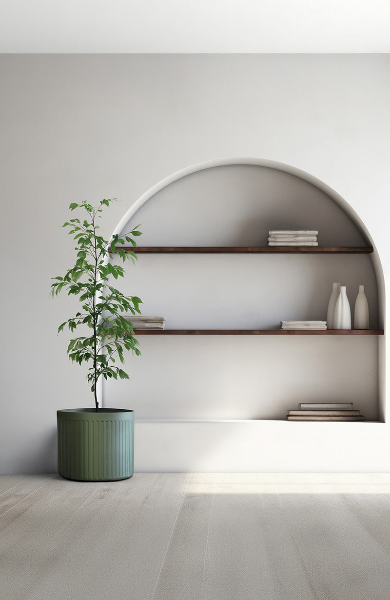 Blumentopf Turris Low Salbeigrün aus Fiberglas mit kleinem Laubbaum vor heller Wandnische mit Holzregalen