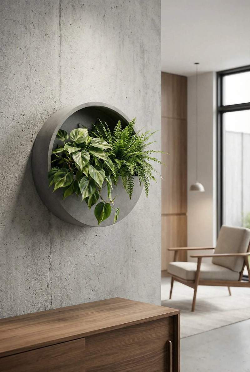 Wandpflanzschale Hanging Wally Grau aus Fiberstone an Betonwand über Holzsideboard, bepflanzt mit Grünpflanzen und Farn