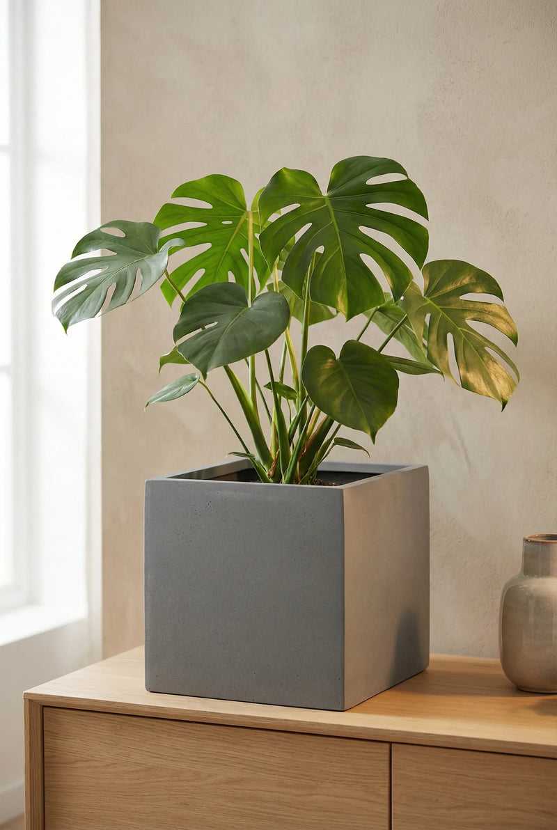 Übertopf Mini Block Grau, eckig, mit Monstera auf einem hellen Holzsideboard vor beiger Wand neben einer Keramikvase
