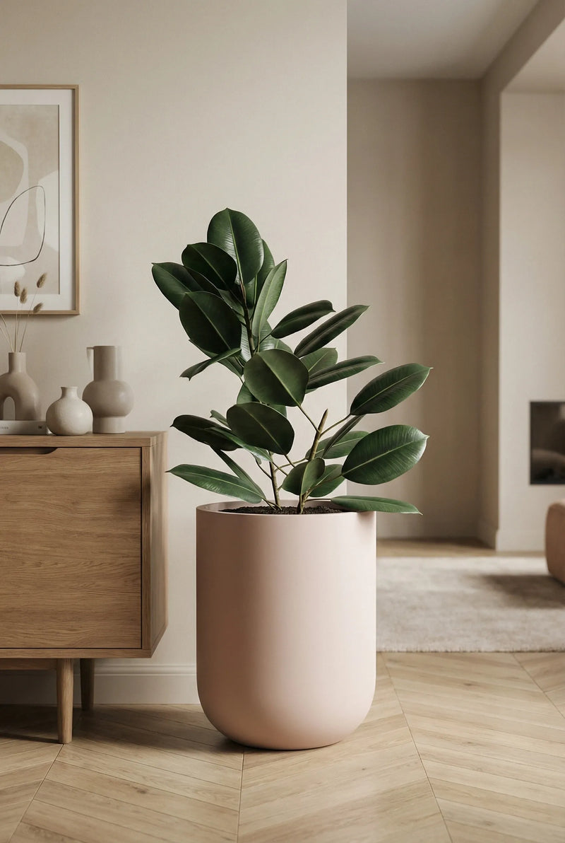 Blumentopf Zenith Puderrosa aus Fiberglas mit Gummibaum im Wohnzimmer neben Holz-Sideboard auf Fischgrätparkett