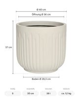 Blumentopf Arcus Seidenweiß Größe S – Maße: Ø 40 cm, Öffnung Ø 36 cm, Boden Ø 28,3 cm, Höhe 37 cm