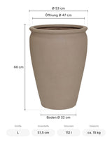 Großer Pflanzkübel Artemis Taupe Größe L – Maße: Ø 53 cm, Öffnung Ø 47 cm, Boden Ø 32 cm, Höhe 68 cm