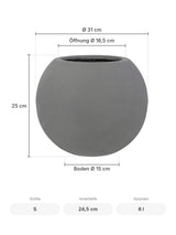Kugelrunder Übertopf Beth Grau Größe S – Maße: Ø 31 cm, Öffnung Ø 18,5 cm, Boden Ø 15 cm, Höhe 25 cm