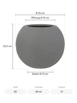 Kugelrunder Übertopf Beth Grau Größe XS – Maße: Ø 25 cm, Öffnung Ø 15 cm, Boden Ø 13 cm, Höhe 20,5 cm