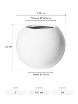 Kugelrunder Übertopf Beth Hochglanz Weiß Größe S – Maße: Ø 31 cm, Öffnung Ø 18,5 cm, Boden Ø 15 cm, Höhe 25 cm