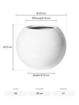Kugelrunder Übertopf Beth Hochglanz Weiß Größe XS – Maße: Ø 25 cm, Öffnung Ø 15 cm, Boden Ø 13 cm, Höhe 20,5 cm