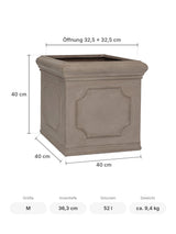 Eckiger Pflanzkübel Block Classic Taupe mit Bordüre Größe M – Maße: 40 × 40 cm, Höhe 40 cm, Öffnung 32,5 × 32,5 cm
