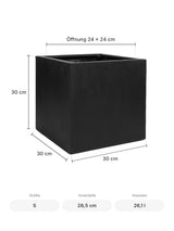 Eckiger Pflanzkübel Block Schwarz Größe S – Maße: 30 × 30 cm, Höhe 30 cm, Öffnung 24 × 24 cm