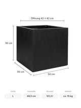 Eckiger Pflanzkübel Block Schwarz Größe L – Maße: 50 × 50 cm, Höhe 50 cm, Öffnung 42 × 42 cm