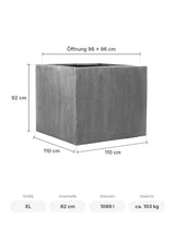 Großer eckiger Pflanzkübel Jumbo Grau für Großpflanzen Größe XL – Maße: 110 × 110 cm, Höhe 92 cm, Öffnung 96 × 96 cm