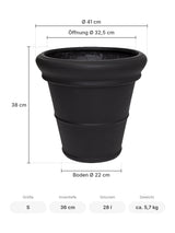 Pflanzkübel Bucket Low Classic Schwarz mit Bordüre Größe S – Maße: Ø 41 cm, Öffnung Ø 32,5 cm, Boden Ø 22 cm, Höhe 38 cm
