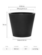 Runder Pflanzkübel Bucket Schwarz Größe S – Maße: Ø 50 cm, Öffnung Ø 43 cm, Boden Ø 34 cm, Höhe 40 cm