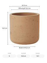 Übertopf Charlie Terrakotta Größe S – Maße: Ø 15 cm, Öffnung Ø 13,2 cm, Boden Ø 10,5 cm, Höhe 14,5 cm