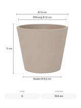 Blumentopf Inez Beige Größe S – Maße: Ø 13 cm, Öffnung Ø 12 cm, Boden Ø 9,5 cm, Höhe 11 cm