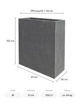 Rechteckiger Pflanzkübel Jort Grau als Sichtschutz Größe M – Maße: 91 × 36 cm, Höhe 102 cm, Öffnung 83 × 28 cm
