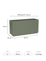 Rechteckiger Pflanzkübel Jort Salbeigrün Größe S – Maße: 80 × 30 cm, Höhe 40 cm, Öffnung 76 × 26 cm