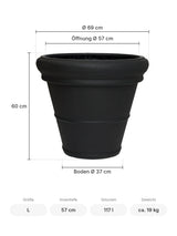 Großer Pflanzkübel Jumbo Bucket Low Classic Schwarz mit Bordüre Größe L – Maße: Ø 69 cm, Öffnung Ø 57 cm, Boden Ø 37 cm, Höhe 60 cm