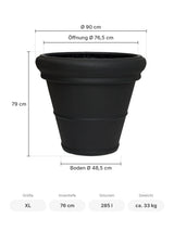 Großer Pflanzkübel Jumbo Bucket Low Classic Schwarz mit Bordüre Größe XL – Maße: Ø 90 cm, Öffnung Ø 76,5 cm, Boden Ø 48,5 cm, Höhe 79 cm
