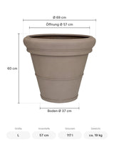 Großer Pflanzkübel Jumbo Bucket Low Classic Taupe mit Bordüre Größe L – Maße: Ø 69 cm, Öffnung Ø 57 cm, Boden Ø 37 cm, Höhe 60 cm