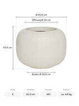 Blumentopf Sphere Low Seidenweiß Größe S – Maße: Ø 45,6 cm, Öffnung Ø 29 cm, Boden Ø 24,8 cm, Höhe 34,4 cm