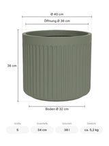 Blumentopf Turris Low Salbeigrün Größe S – Maße: Ø 40 cm, Öffnung Ø 36 cm, Boden Ø 32 cm, Höhe 36 cm