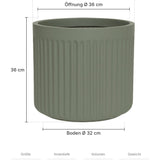 Blumentopf Turris Low Salbeigrün Größe S – Maße: Ø 40 cm, Öffnung Ø 36 cm, Boden Ø 32 cm, Höhe 36 cm